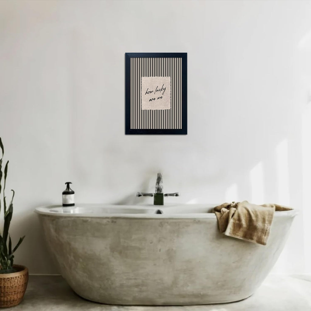 Framed Balck and White Bathroom Canvas Wall Art How Lucky Are We Quote Print Black Striped Painting Modern Minimalist