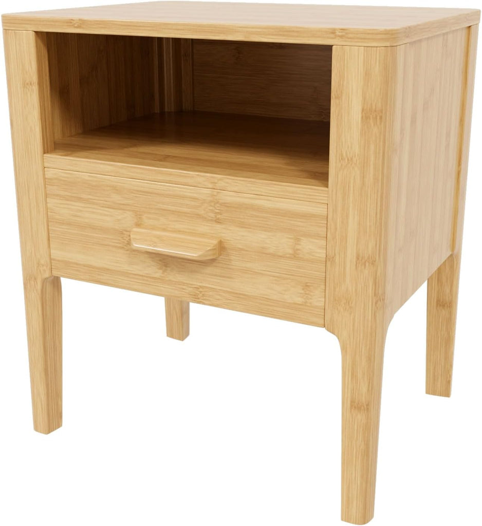 20 Inch Bamboo Nightstand with Drawer & Shelf, Mid-Century Modern Solid Bedside Table, Natural