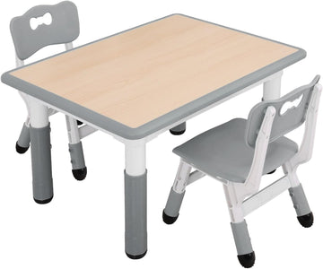 Kids Table and Chairs Set, Height Adjustable Toddler Activity Table with 2 Chairs, Plastic Study Desk for Drawing