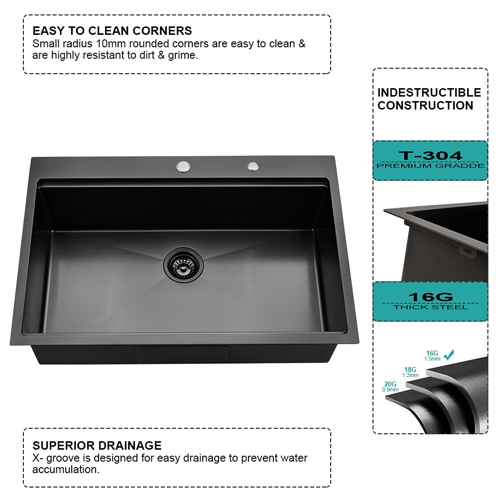 27 x 22 Drop Sink Black Stainless Steel Sink Workstation