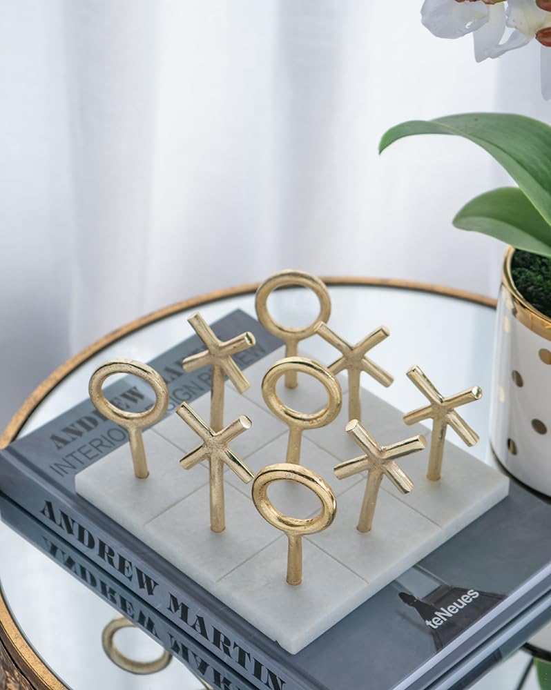 6.4" Banswara Marble Tic Tac Toe Game Set w/Gold Metal Pieces Luxury Decor