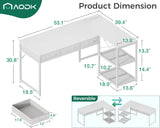 53 Inch L Shaped Computer Desk with Drawers, Corner Desk with Power Outlets & Reversible Storage Shelves Gaming, White