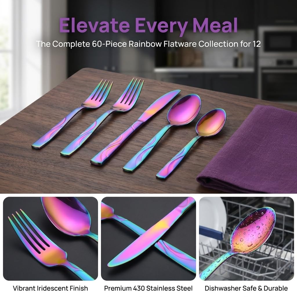 60-Piece Rainbow Silverware Set for 12, Stainless Steel Cutlery Set