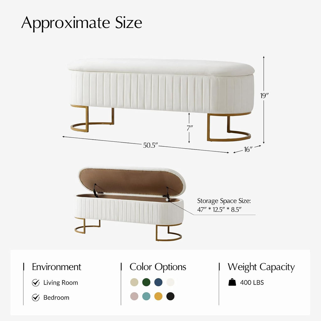 50.5" Velvet Storage Bench with Gold Legs, Modern End of Bed Bedroom Benches, Upholstered Flip Top Window Ottoman