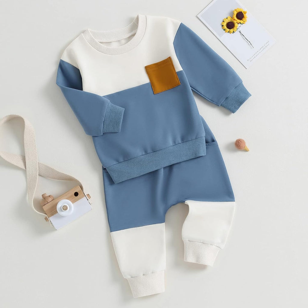 Toddler Baby Boy Clothes Color Block Long Sleeve Sweatshirt Pullover Tops + Solid Pants Spring Fall Winter Outfits