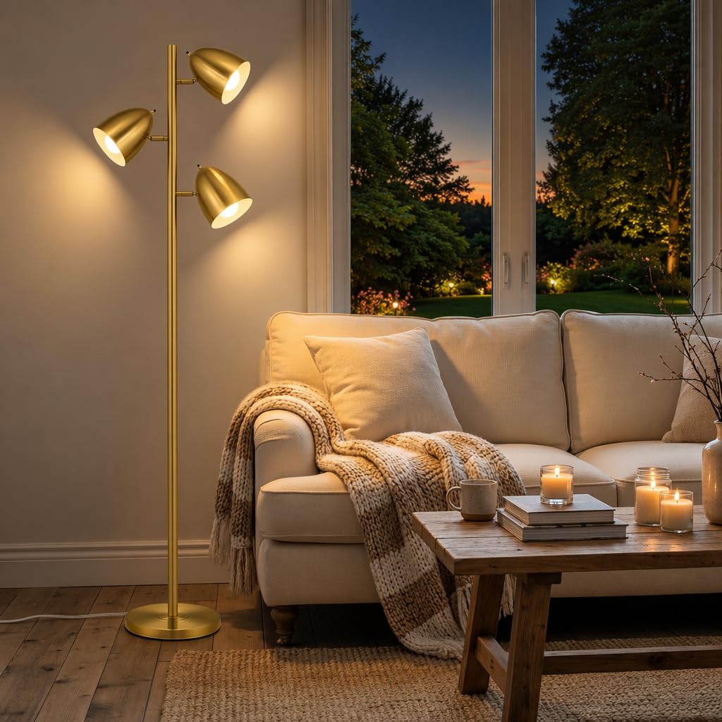 65-Inch Gold 3-Light Tree Floor Lamp with Adjustable Metal Heads