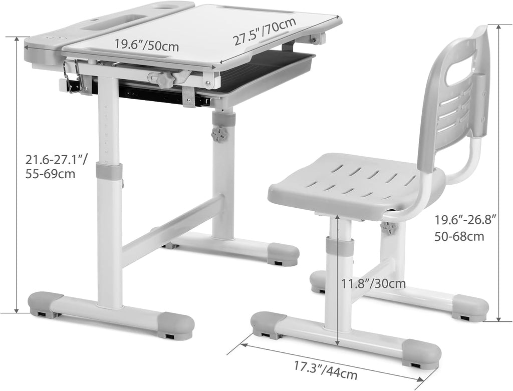 Kids Desk and Chair Set, Height Adjustable Children School Functional Study Desk with 55° Tiltable Desktop, 3 Modes &