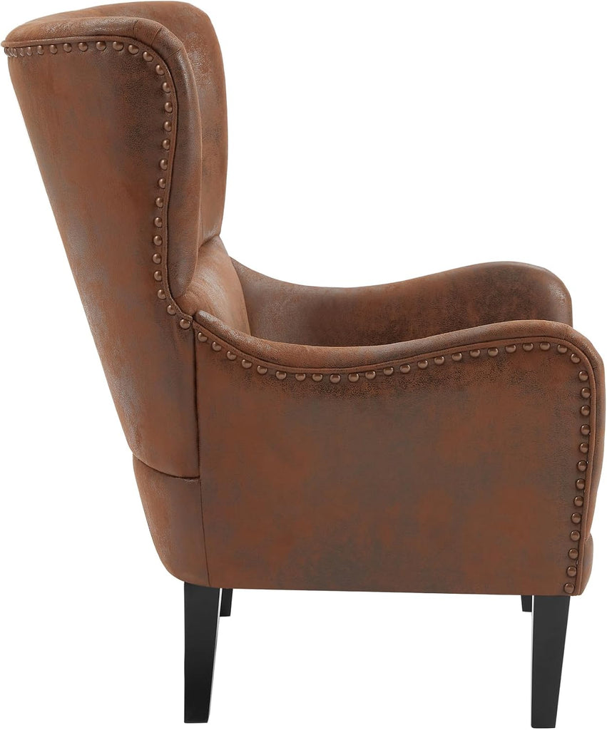Mid-Century Modern Wingback Accent Chair, Faux Leather with Nailhead Trim