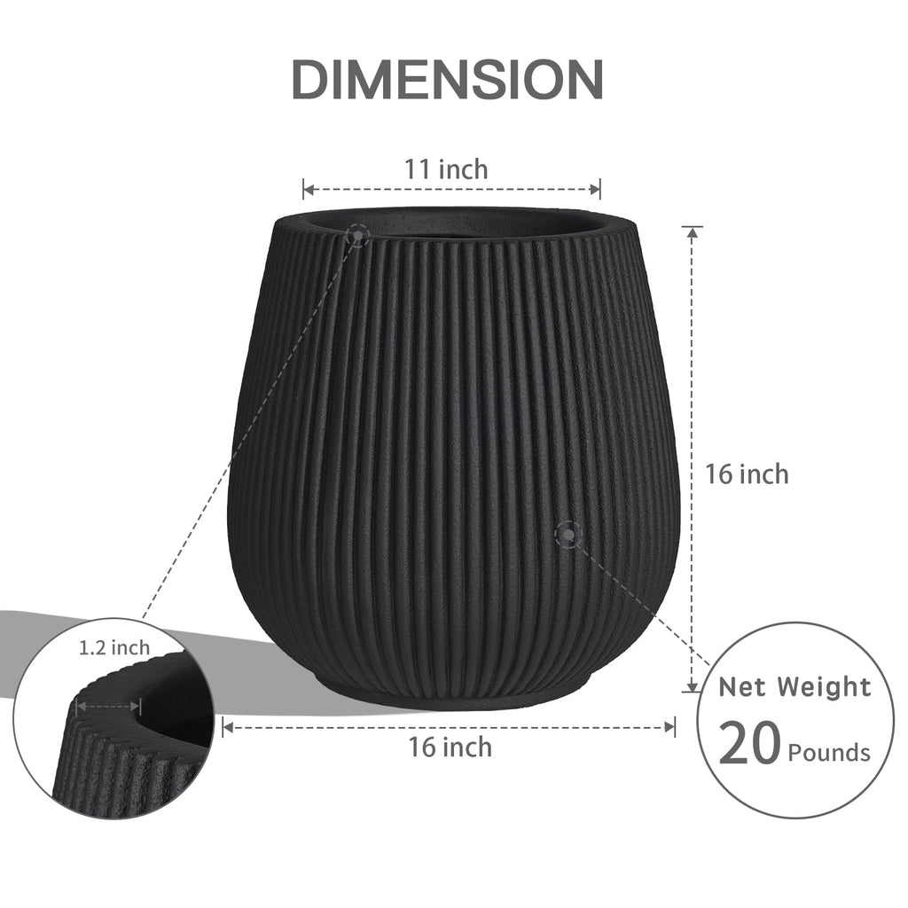 16" Pear-Shaped Fluted Outdoor Planter, Black, Modern Round Plant Pot