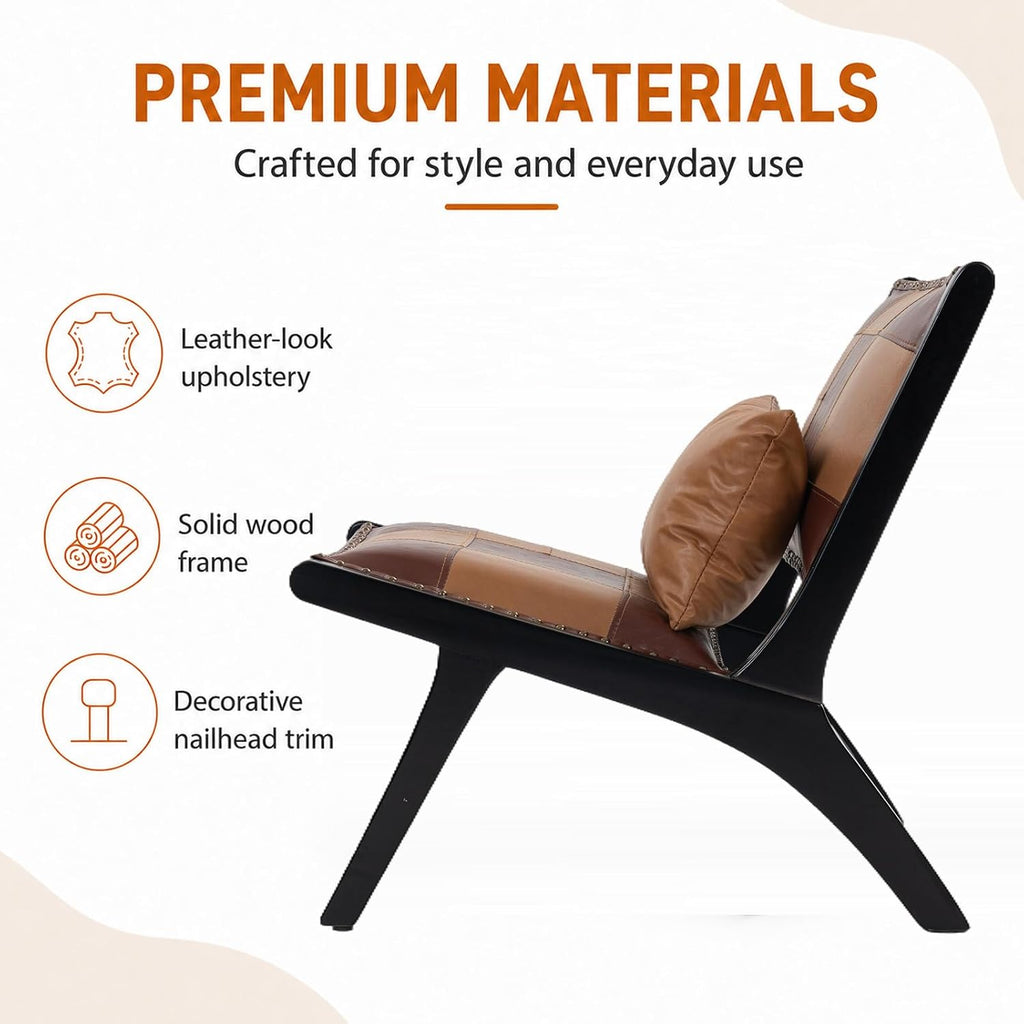 Modern Boho Accent Chair, Mid Century Lounge Chair with Solid Wood Frame, PU Leather Side Chair, Designer Small