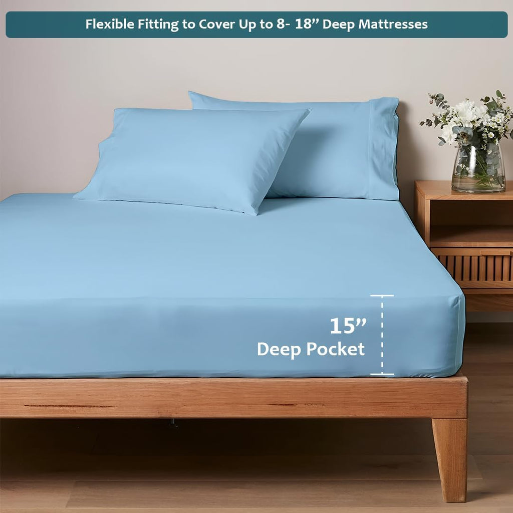 Full XL Size Bed Sheets Set - Luxury 338 Thread Count 100% Egyptian Cotton Sateen, Cooling Sheets, Deep Pockets with