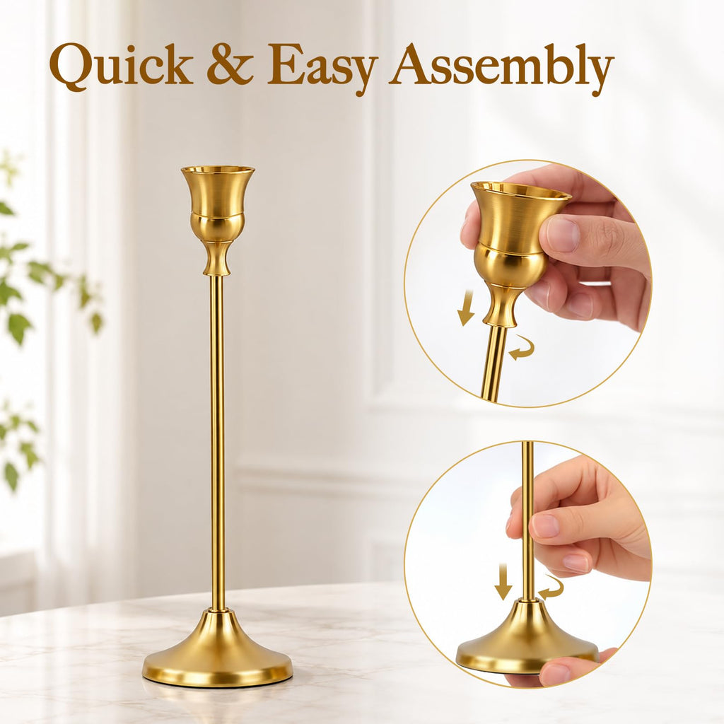 Gold Candle Holders for Candlesticks 8 Sets(24 PCS), Tapered Candlestick Holders with 3 Heights, Metal Vintage Candle