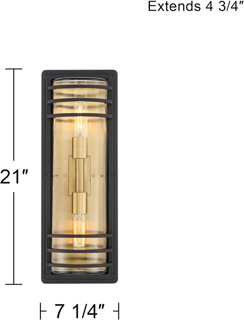 21" High Modern Industrial Outdoor Wall Light Fixture Mount Porch House Exterior Outside Lantern Set of 2 2-Light Weatherproof Black and Brass Finish Clear Glass Shade A123-B0DYNGZ3TS