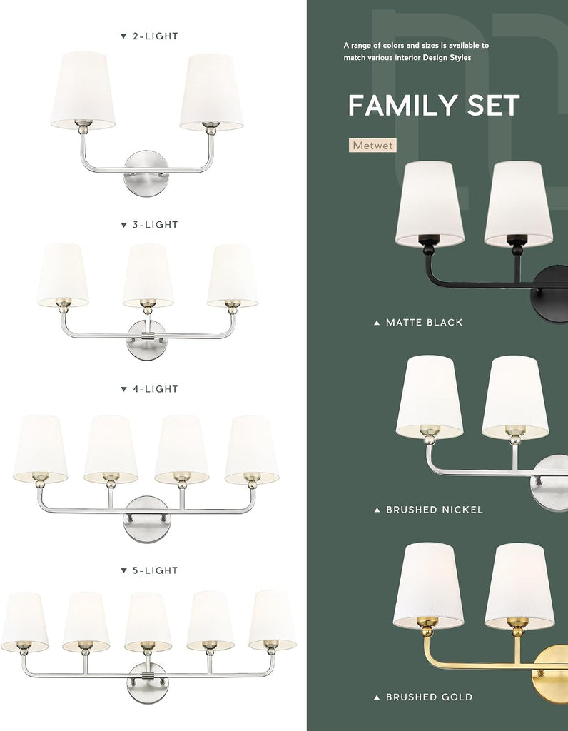 2-Light Brushed Nickel Bathroom Vanity Light, White Fabric Shades | 17" double wall sconce, upward only, E26 base