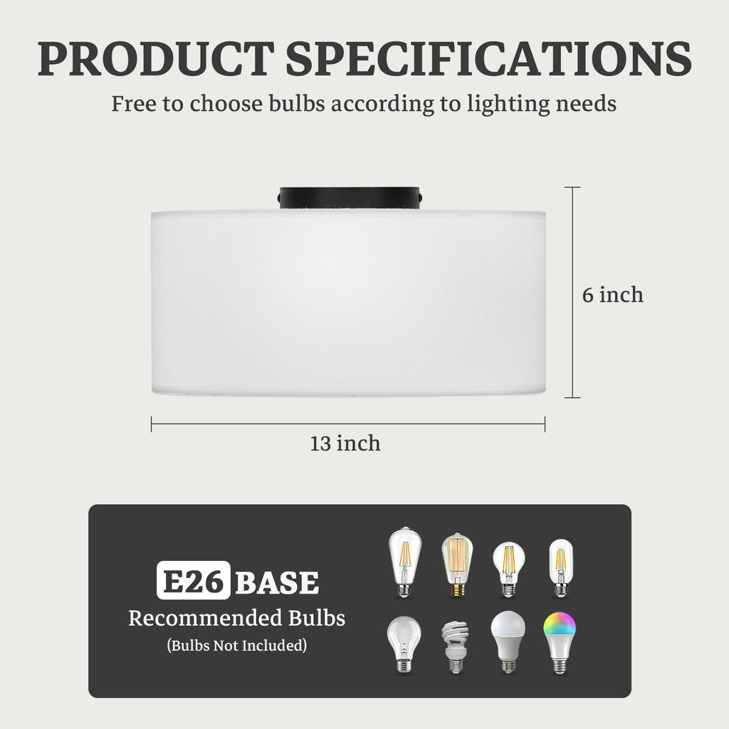 Semi Flush Mount Ceiling Light Fixture, 13inch Light Fixtures Ceiling Mount, 3-Light Drum Light Fixture with White