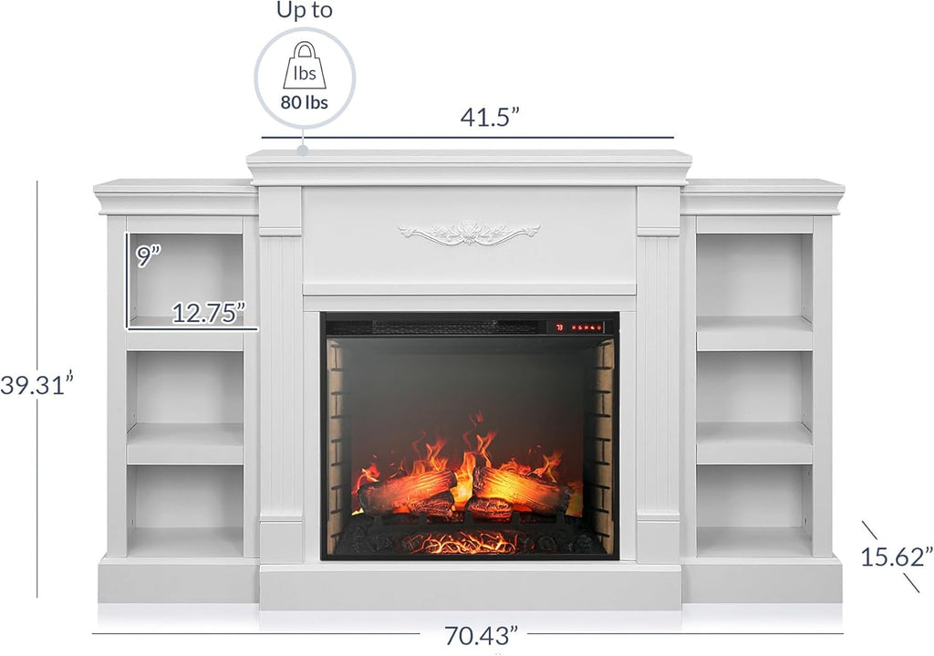 Modern 70" Electric Fireplace Heater Mantel TV Stand & Media Entertainment Center for TVs up to 68" with