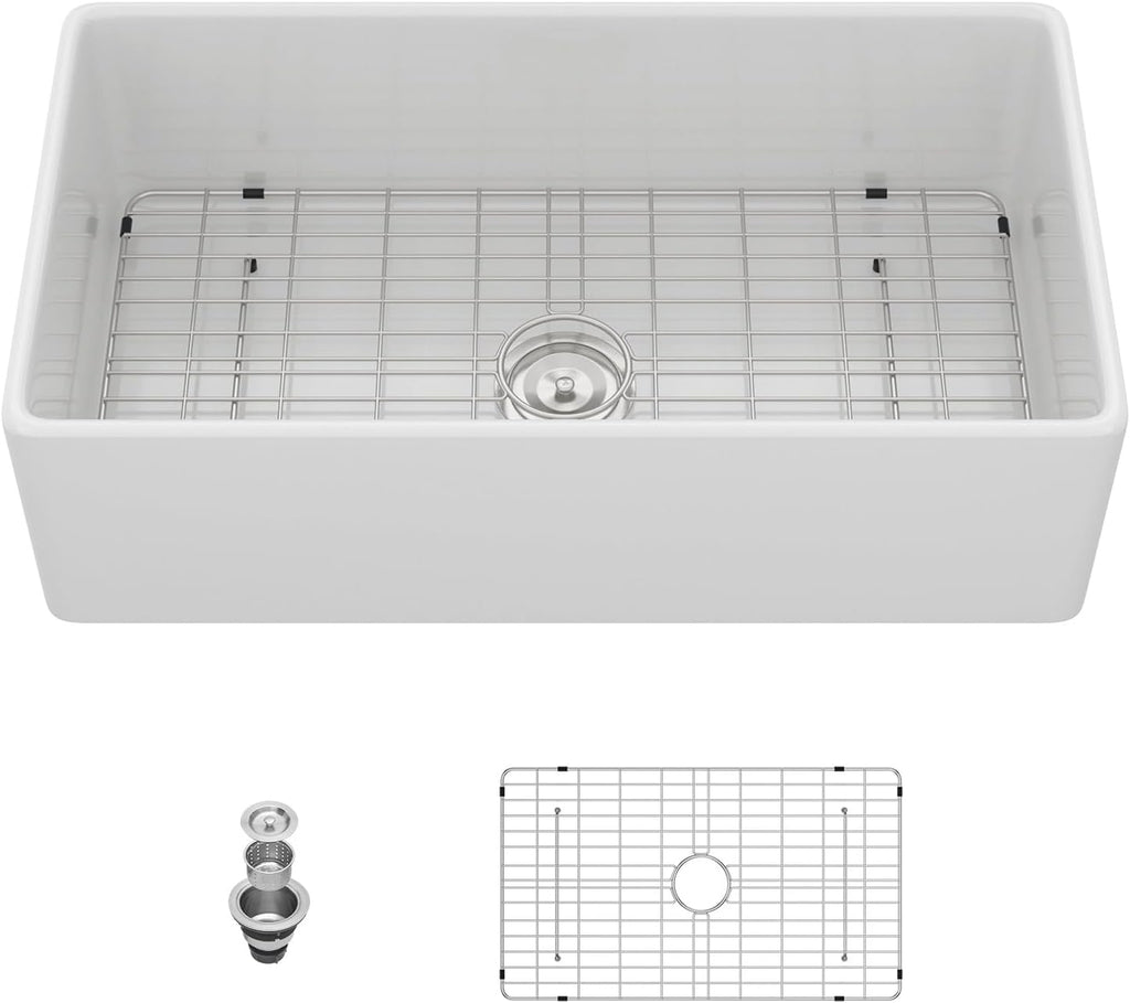 33 Inch White Farmhouse Sink Solid Fireclay | 33"x20"x10" Larger Apron Front Farm House Farmer Style Sinks, Easy to