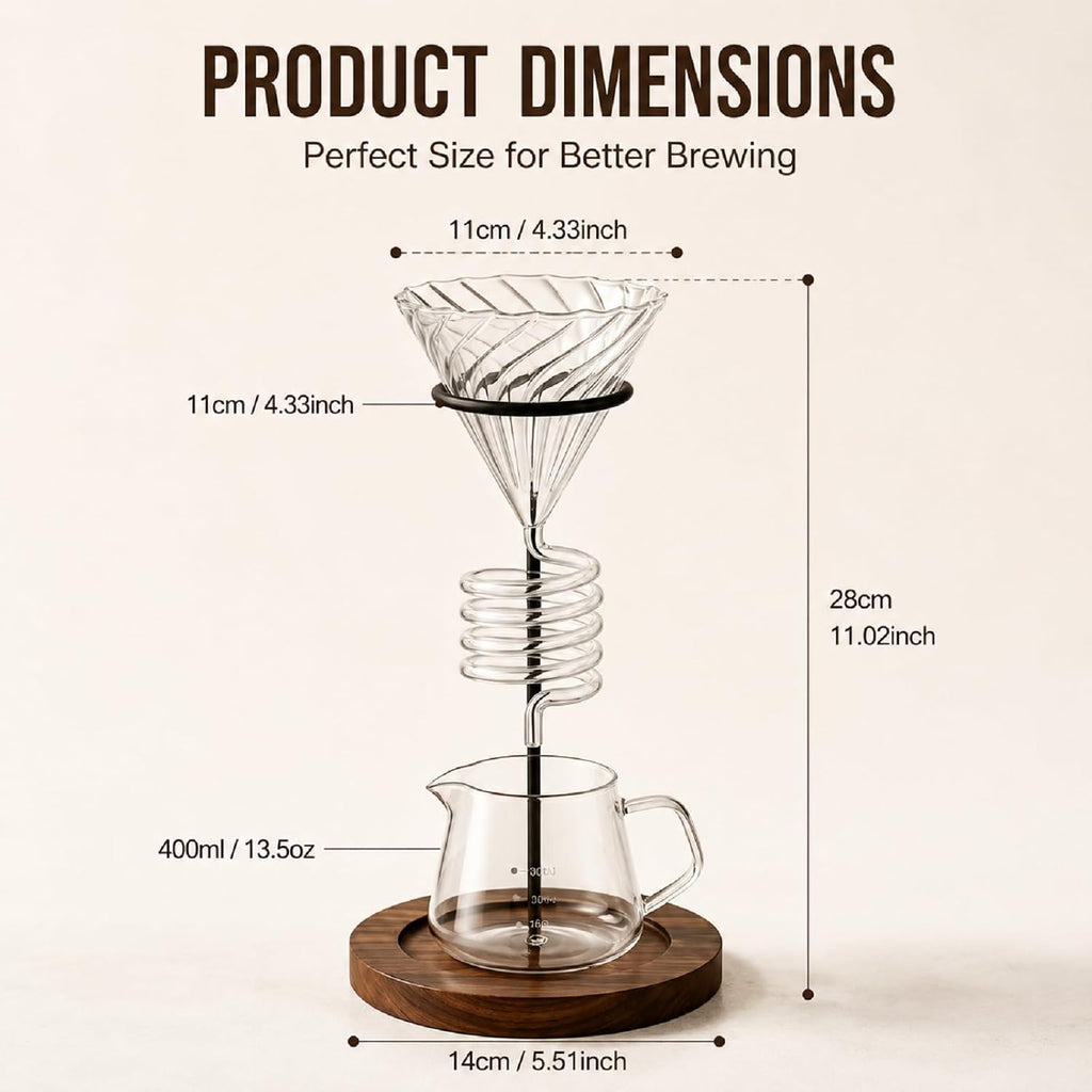 Pour Over Coffee Maker Set - 3PCS Featuring Spiral-Ribbed Dripper, Raised Walnut Wooden Stand, and 400ml Elegant