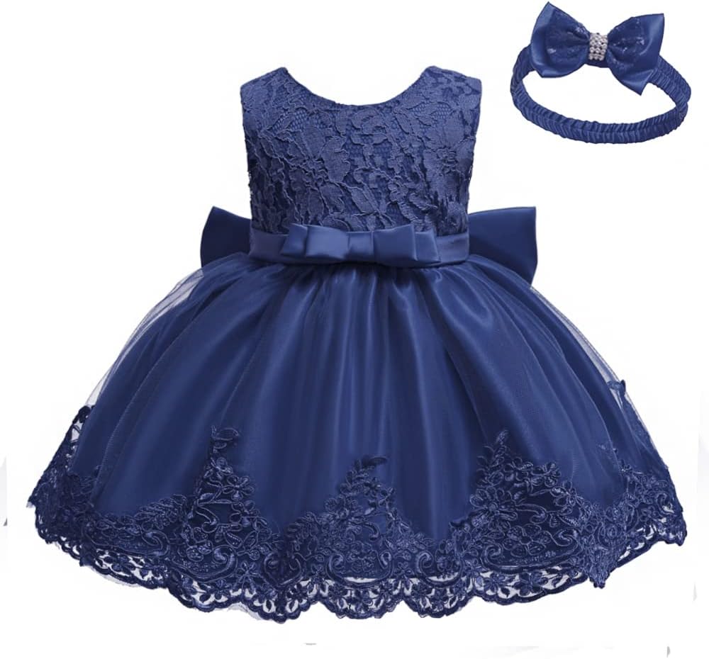Toddler Girls Pageant Lace Dresses Baby Birthday Party Embroidery Dress with Headwear