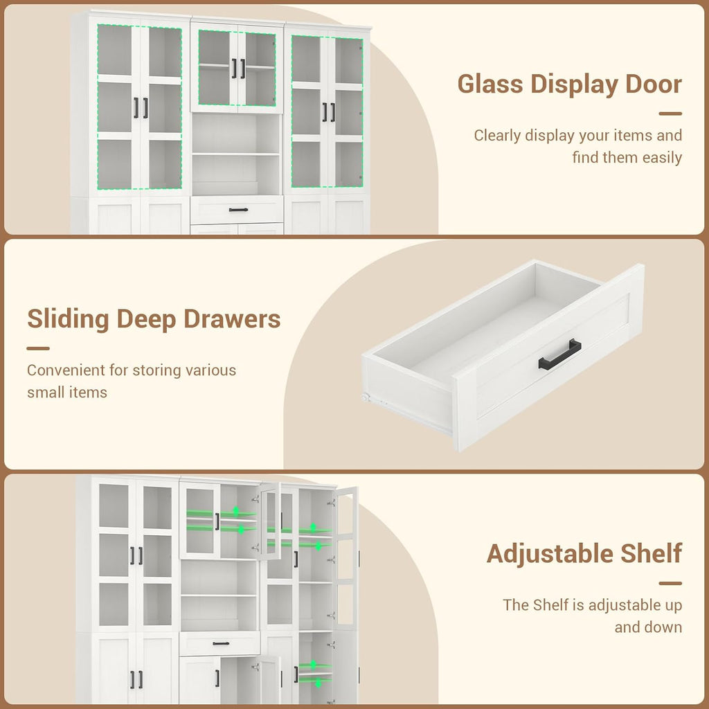 80" Tall Kitchen Pantry Storage Cabinet with Doors and Shelves | Freestanding Kitchen Hutch Pantry Cabinet with Glass