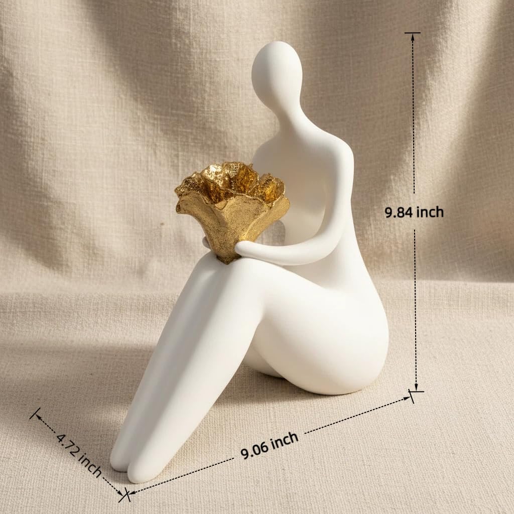 White Abstract Figure Statue with Flowers, Modern Resin Sculpture Decor, Minimalist Figurine Art Desk, Gift for Art