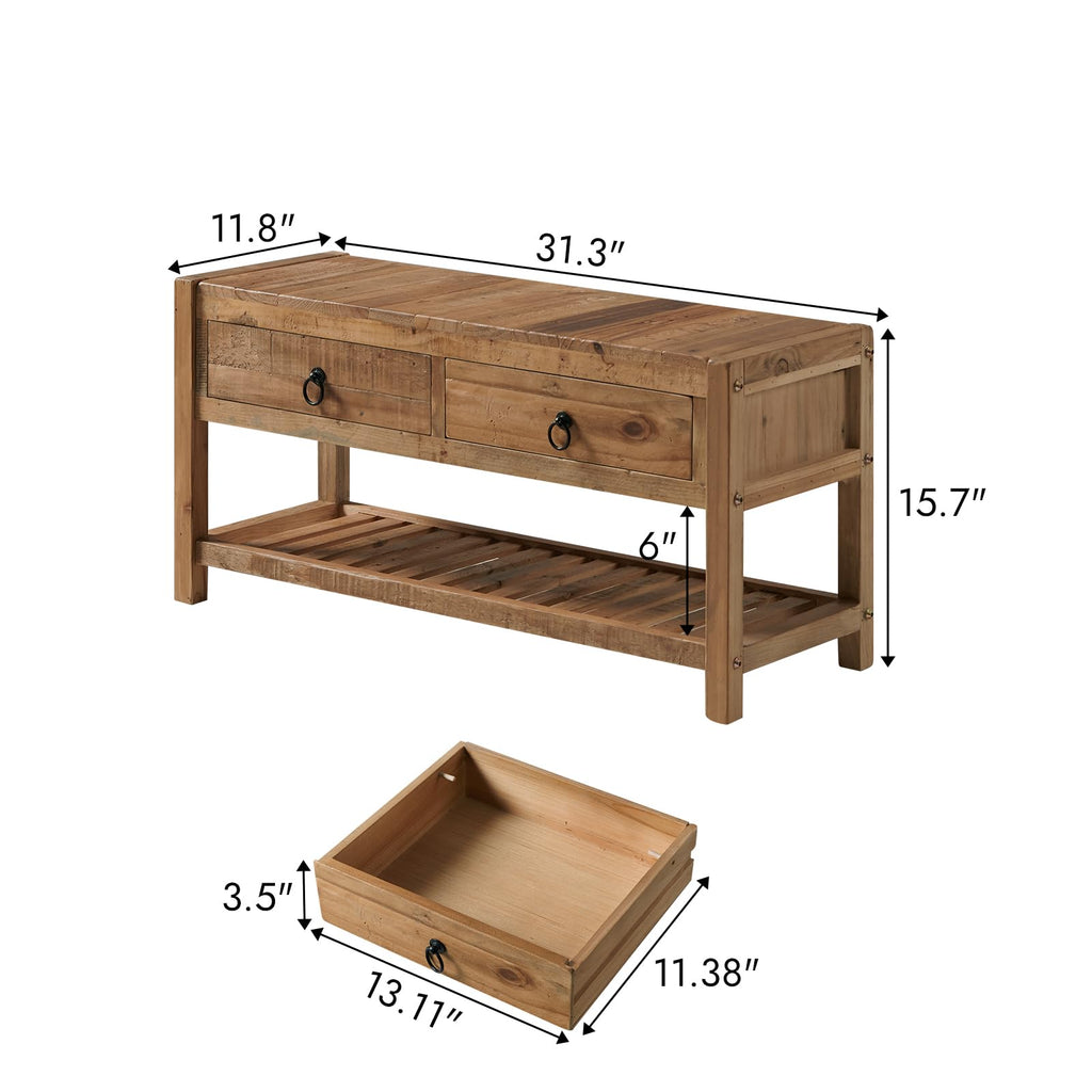 31.3" Reclaimed Solid Wood Entryway Bench with 2 Drawers & Shelf