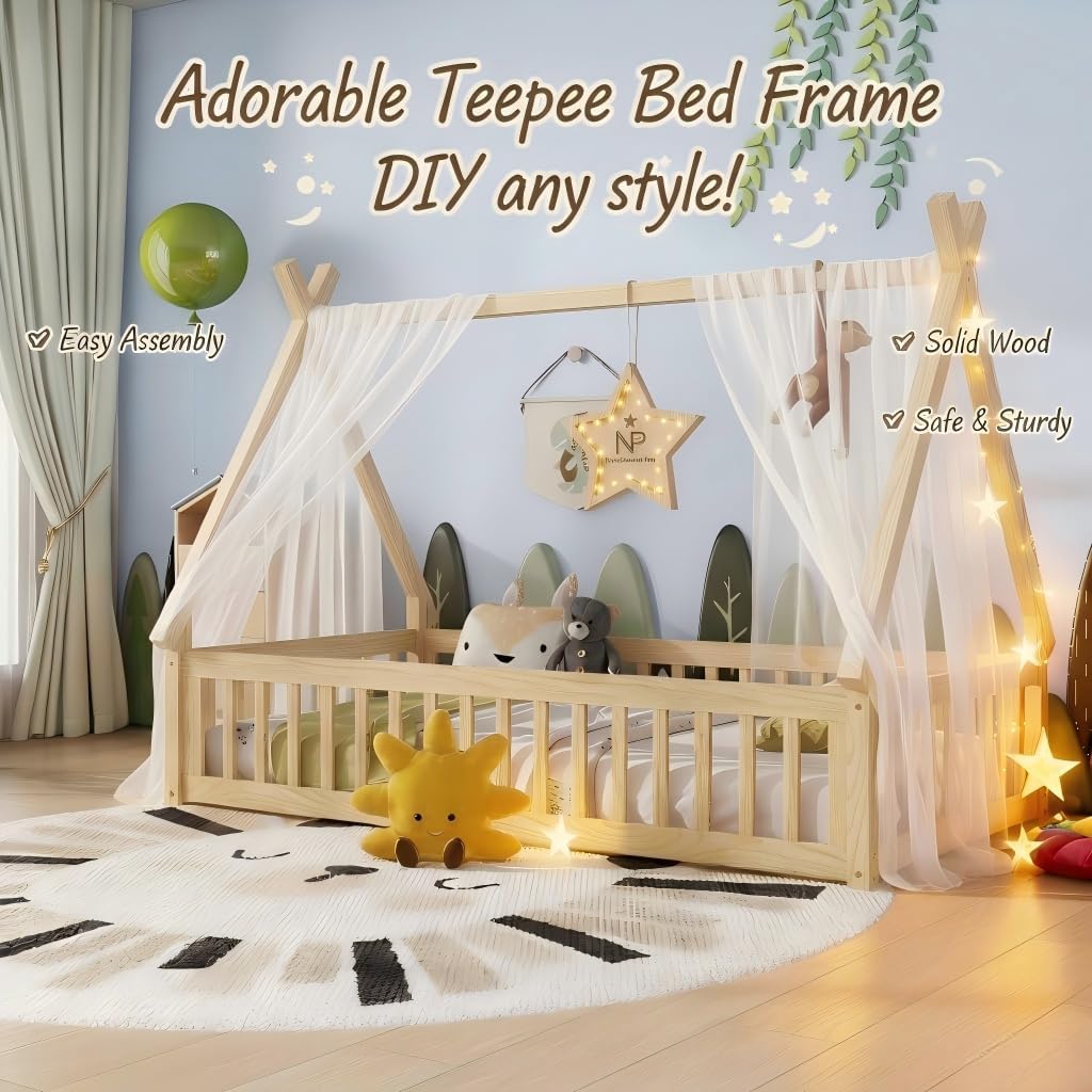 Twin Floor Bed for Kids Tent-Shaped Montessori Floor Bed with Slats and Guardrails Twin Size Wood Teepee Bed Frame