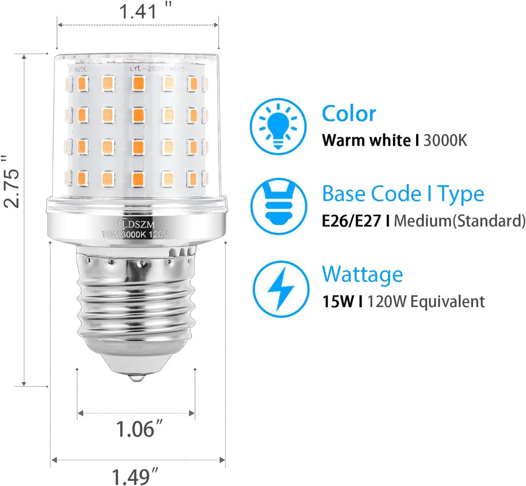 Small Light Bulb A15/G45 Shape Size Super Bright 15W led Corn Bulbs 120 Watt Equivalent 1200lm Warm White 3000K