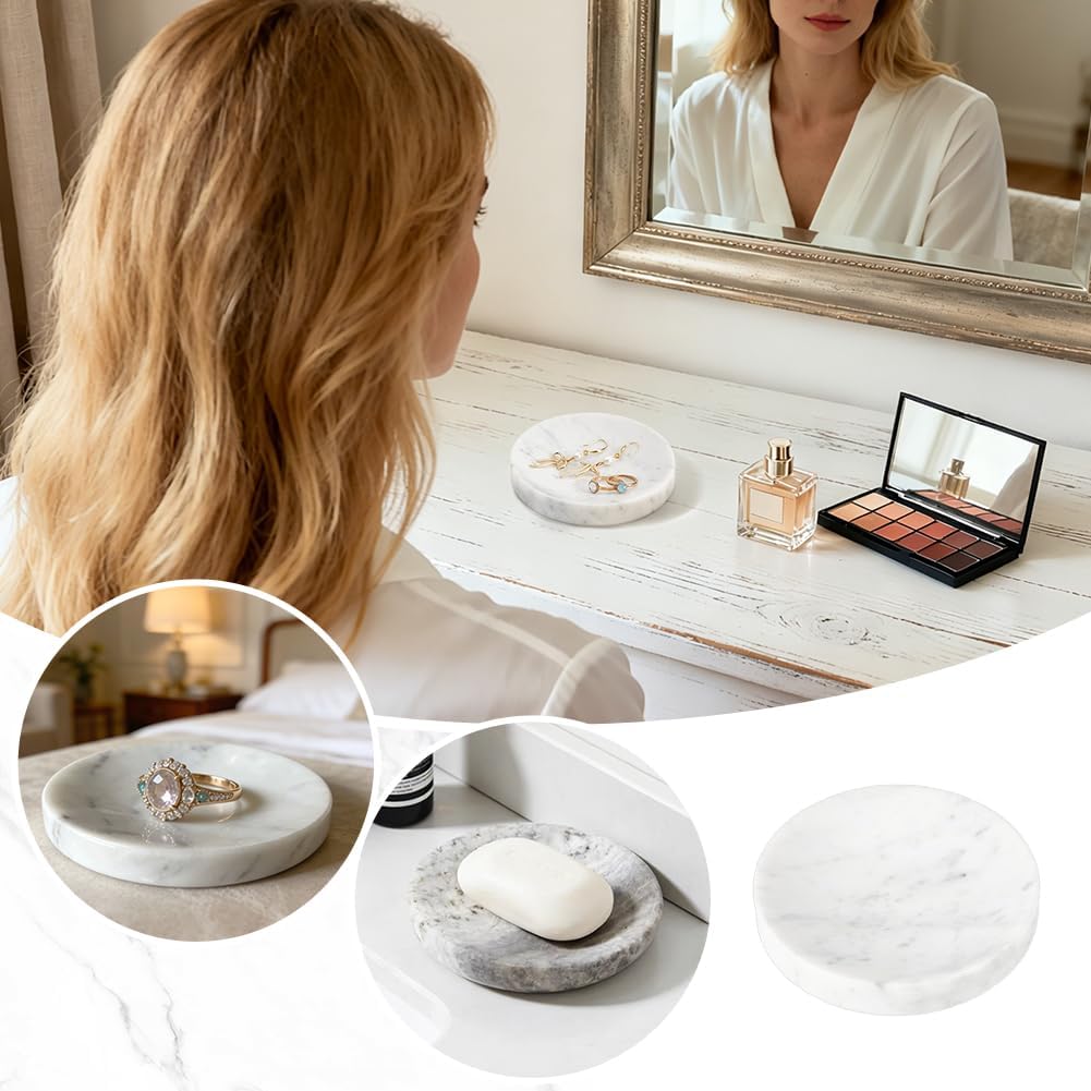 Marble Jewelry Dish Flat Round Perfume Tray White Shower Soap Holder Natural Marble Trinket Storage Dish for Ring