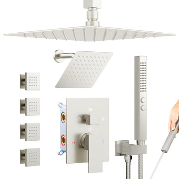 Brushed Nickel Shower System with Jets, 4 Way Shower Faucet Set with 2 in1 Handheld,Ceiling Mount 12"+6" Rain Shower