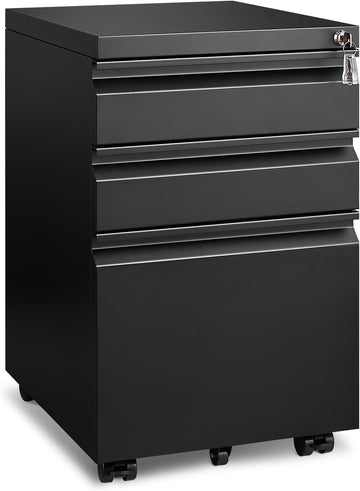 3 Drawer File Cabinet , Under Desk Mobile Filing Cabinet with Lock for A4-Size/Letter-Size/Legal-Size, Black (HSEJ-3D)