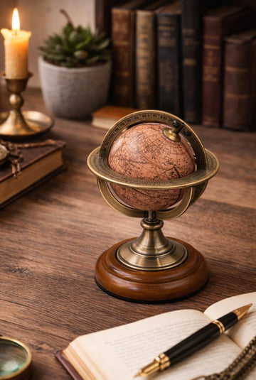 Vintage Brass Armillary Spherical Astrolabe on Elegant Wooden Base - Antique-Inspired Home Décor Accent Maritime