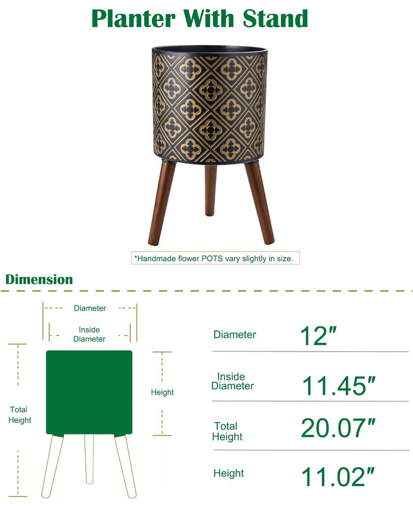 12 Inch Plant with Stand Planter for Indoor Plants Large Modern Mid-Century Plant Pots Indoor Outdoor with Drainage