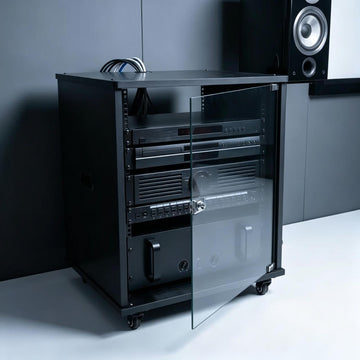 Eco Wood Audio Rack with Glass Door, Cable Hole and Brake Wheels