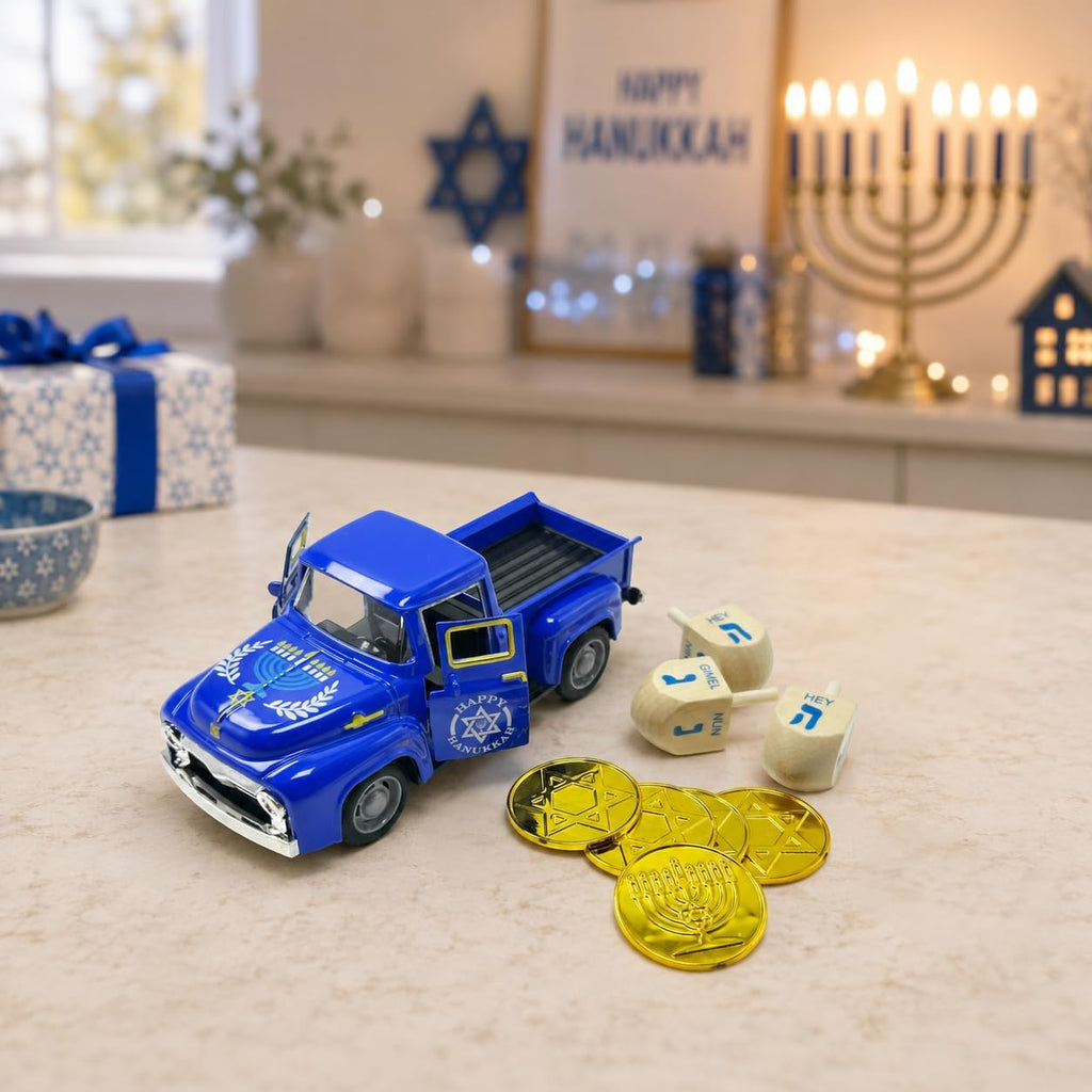 Hanukkah Truck Decor with 3 Wooden Dreidels and Gold Gelt Coins, 5.7-Inch