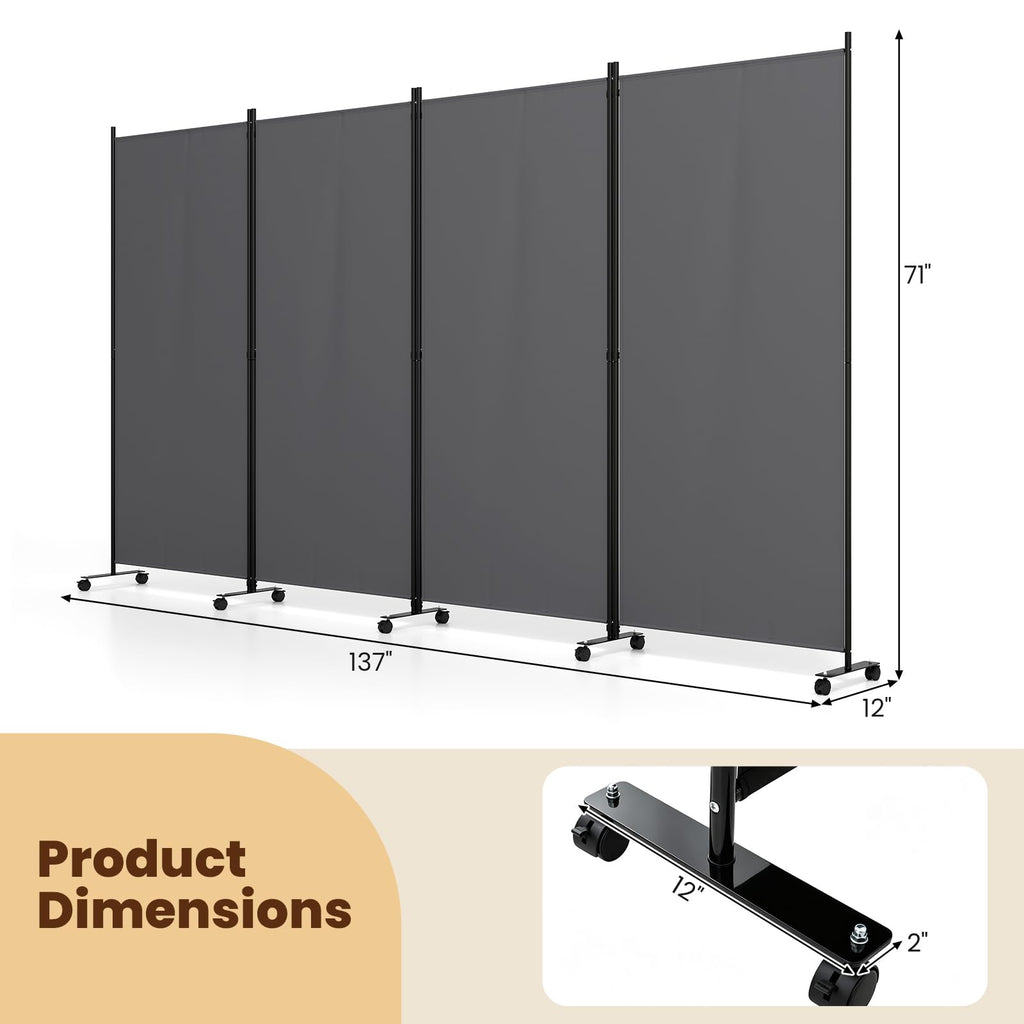 4-Panel Folding Room Divider with Wheels, 137'' x 71'', Gray