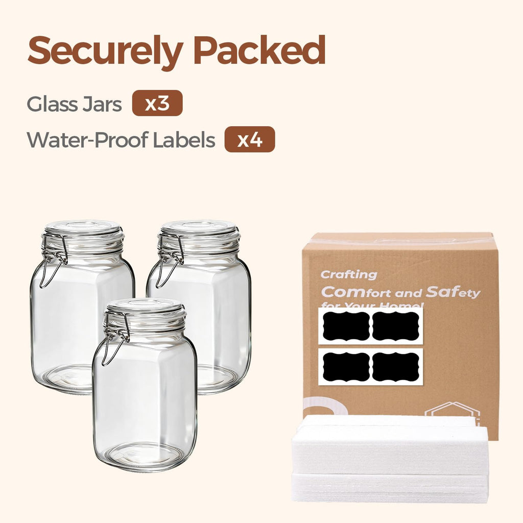 Square Glass Jars with Airtight Lids 51 oz 3 Pack Wide Mouth