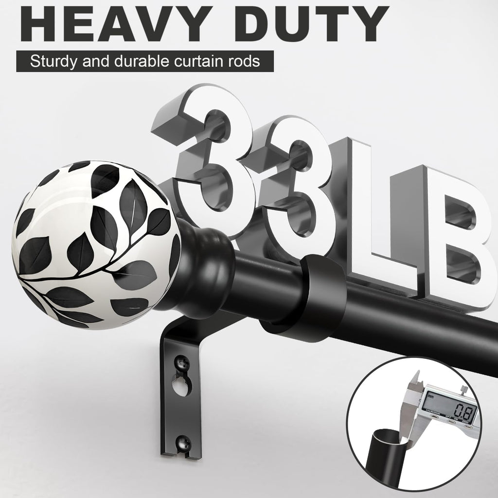 Ceramic Black Curtain Rods for Windows 16 to 144 Inches Adjustable Length Extendable Heavy Duty 1" Diameter iron