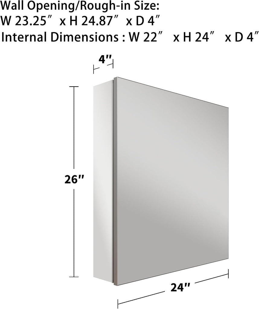 24x26 Inch Recessed Medicine Cabinet with Mirror, Aluminum Medicine Cabinet Mirror, Recessed or Surface Mount with 2