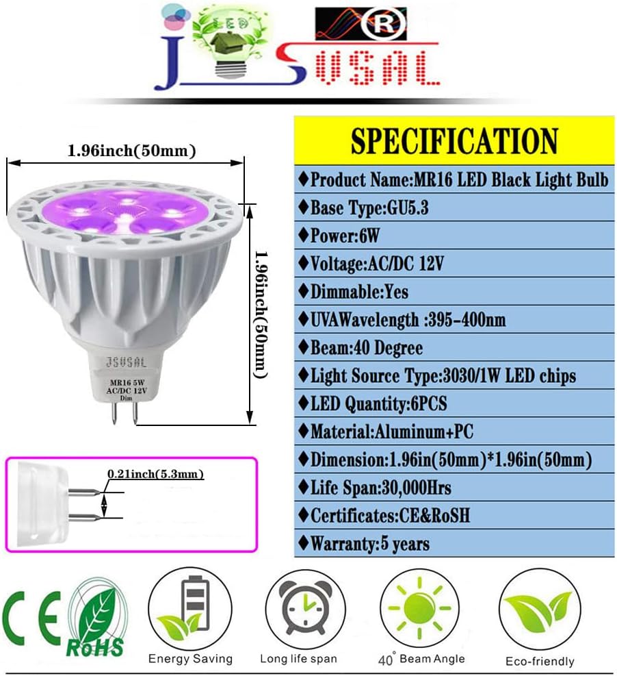 LED Black Light Bulb,MR16 GU5.3 Base,6W12V,Dimmable,2-Pack