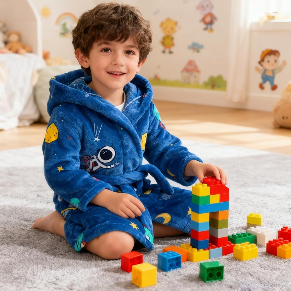 Boys Girls Robe Soft Fleece Hooded Bathrobe for Kids