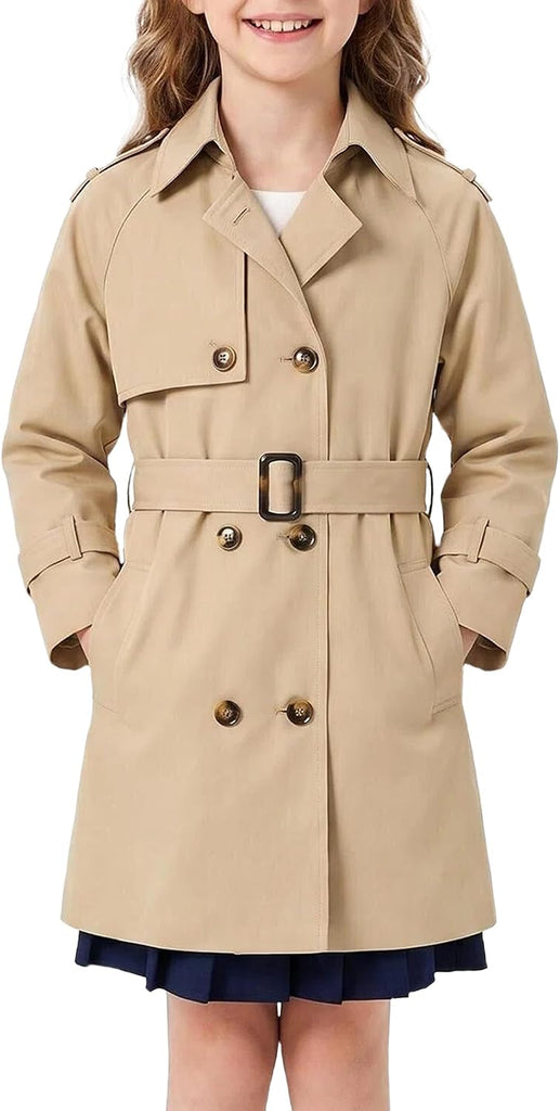 Girls Waterproof Trench Coat Double Breasted Rain Jacket khaki