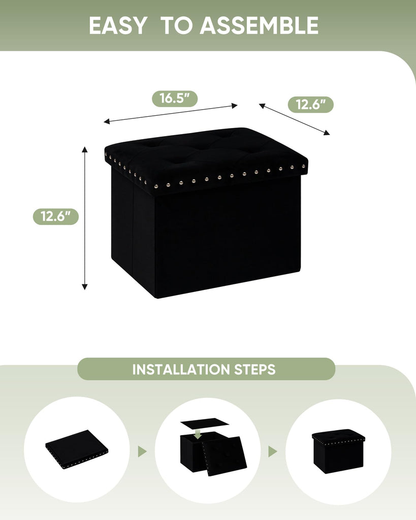 Storage Ottoman Cube, 16.5" Velvet folding Ottoman, Black