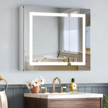 Medicine Cabinet with Lights 30x26 Inch, Aluminum Alloy Frame with Side Mirrors &Dual Mirrored Doors, Recessed or