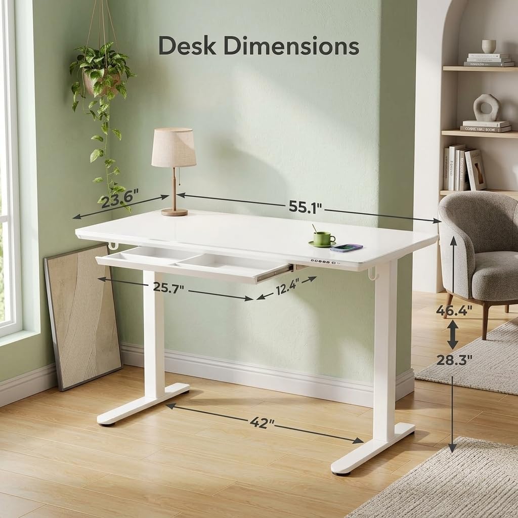 Wireless Charging Glass Standing Desk with Drawer 55 Inches Super White