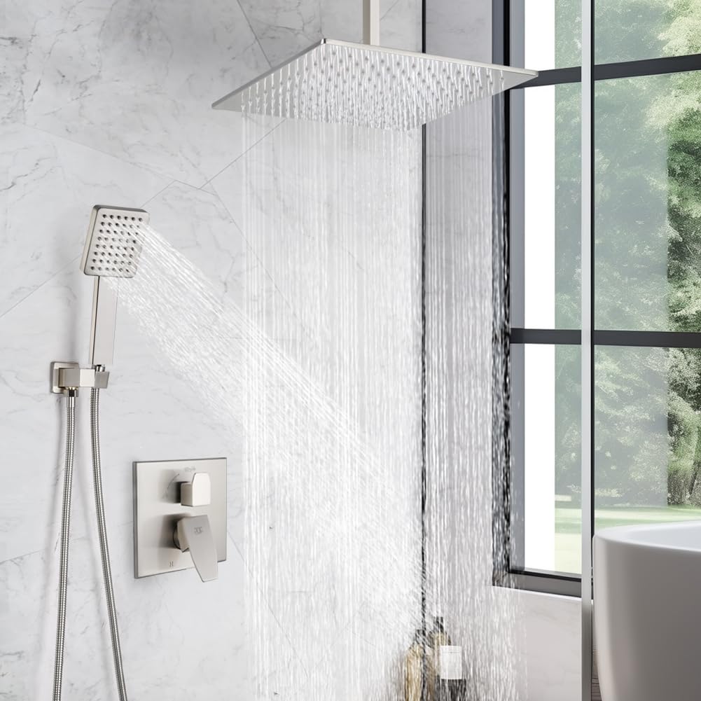 12 Inch Ceiling Mount Shower Faucet Set Brushed Nickel Ceiling Rainfall Shower Head and Handle Set Bathroom Rain