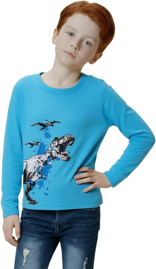 Boys Long Sleeve Shirts, Casual Cotton Tshirts Cartoon Graphic Crewneck Tops Tees Shirt for Kids Toddler Boy 3 Pack