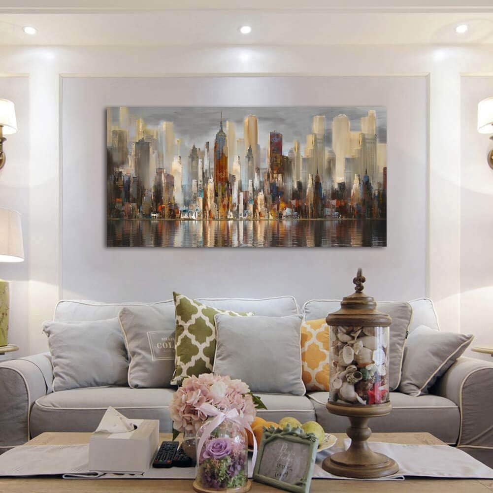 Framed Wall Art Large Cityscape New York Wall Decor Canvas Prints Abstract Brown City Theme Paintings Modern Canvas
