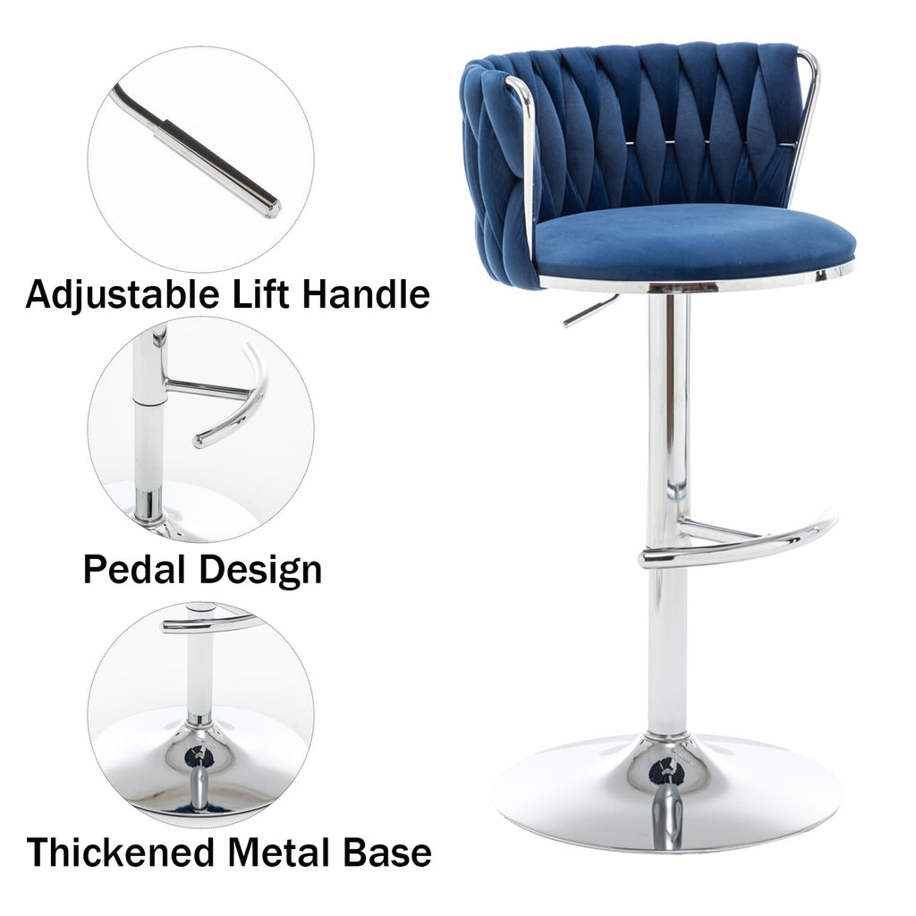 Velvet Bar Stools Set of 2, Swivel Counter Height Bar Stools with Back, Adjustable Woven Barstools Island, Pub, Club