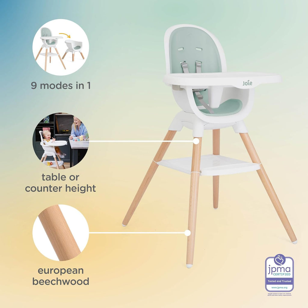 Chai Multi-Mode Highchair - European Beech Wood, Convertible, 9+ Modes, Birth up to 60 lb. (Mist) | European Beech